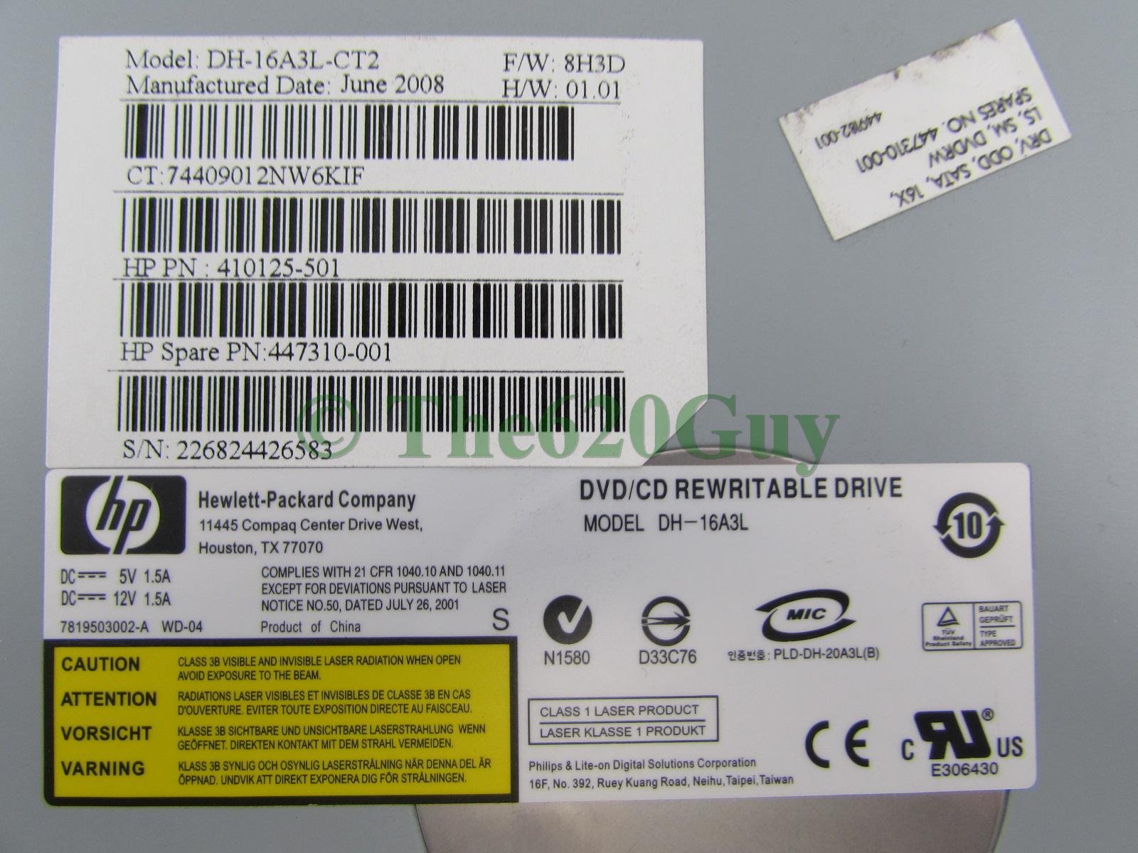 Hp 447310-001 Dvdrw Dl Lightscribe Rewritable Sata Black Optical Drive Dh-16A3L